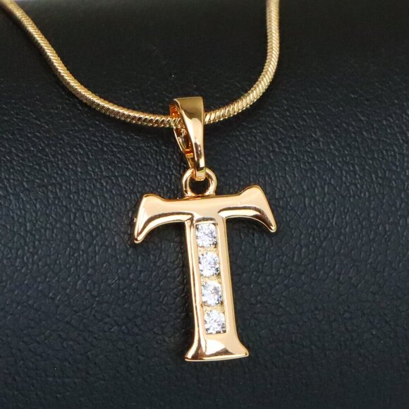 "Rose Gold Initial T Pendant with Crystals – Elegant Brass Jewelry, XPPT1369 - Picture 1 of 13